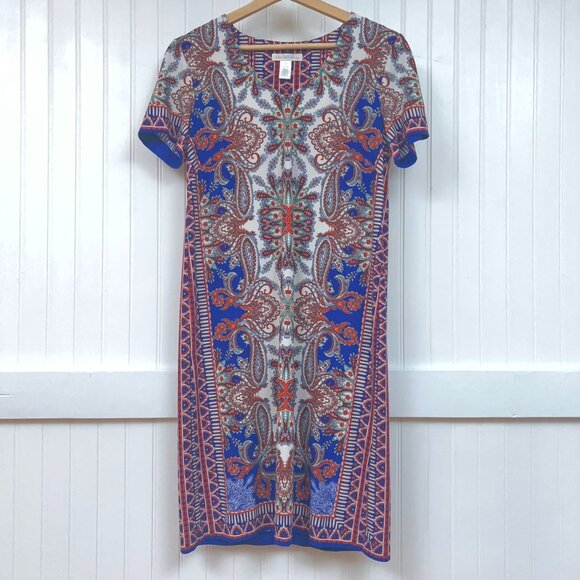 London Times Women Multicolored Paisley Short Sleeve Stretch Shift Dress 4 - Picture 2 of 10